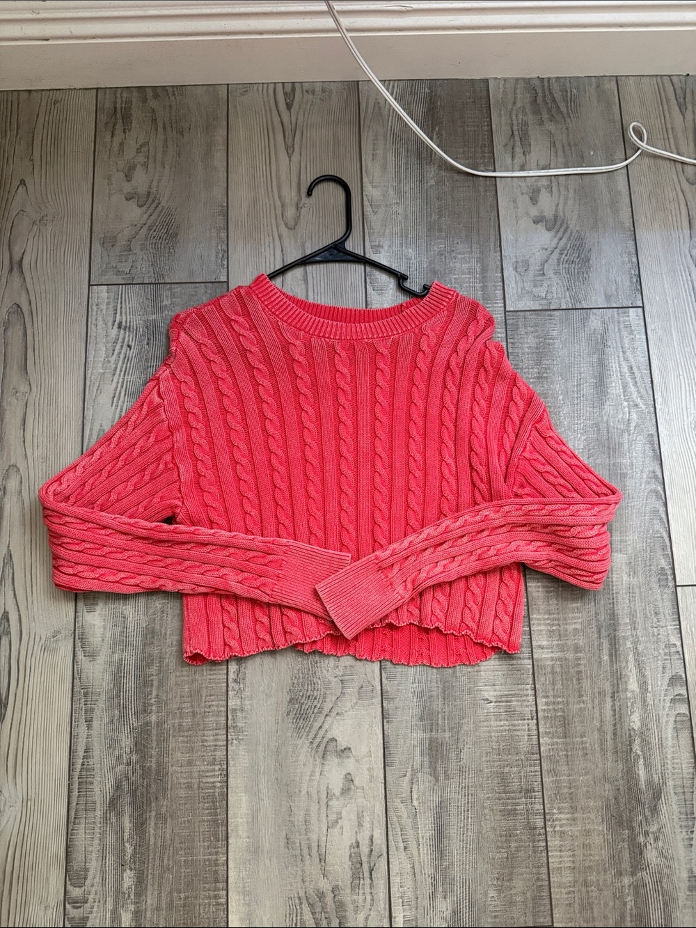 aerie Coral Cable Knit Cropped Sweater